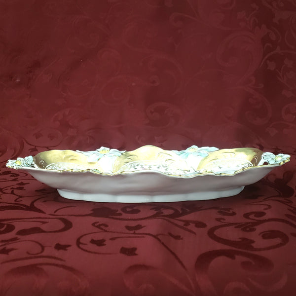 Antique Porcelain Celery or Relish Dish Highly Decorated Pierced Handles Germany