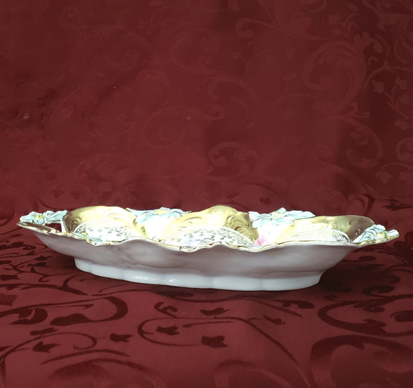 Antique Porcelain Celery or Relish Dish Highly Decorated Pierced Handles Germany