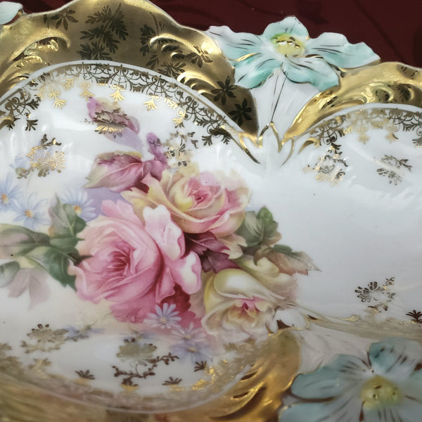 Antique Porcelain Celery or Relish Dish Highly Decorated Pierced Handles Germany