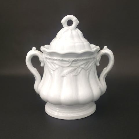 Antique English White Ironstone Covered Sugar Bowl Wheat and Rope England