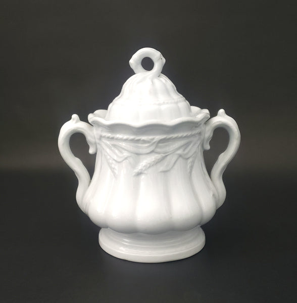 Antique English White Ironstone Covered Sugar Bowl Wheat and Rope - England