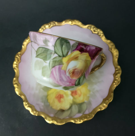 Antique Limoges Porcelain Tea Cup and Saucer Pink & Yellow Roses Coiffe Factory