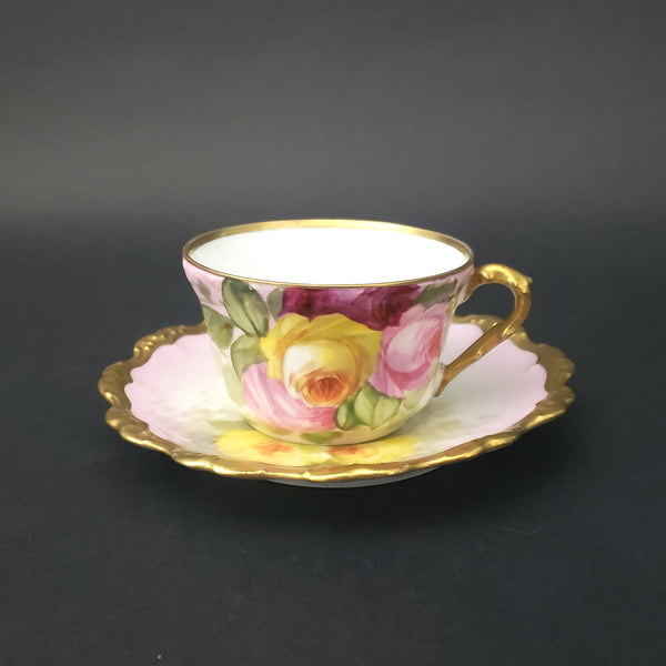 Antique Limoges Porcelain Tea Cup and Saucer Pink & Yellow Roses Coiffe Factory