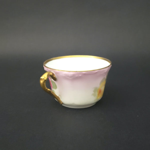 Antique Limoges Porcelain Tea Cup and Saucer Pink & Yellow Roses Coiffe Factory