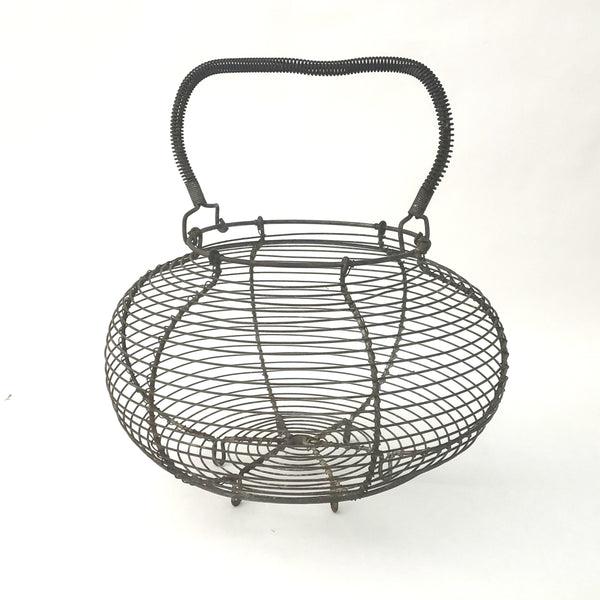 Antique Farmhouse Wire Egg Gathering Basket with Coiled Fixed Handle