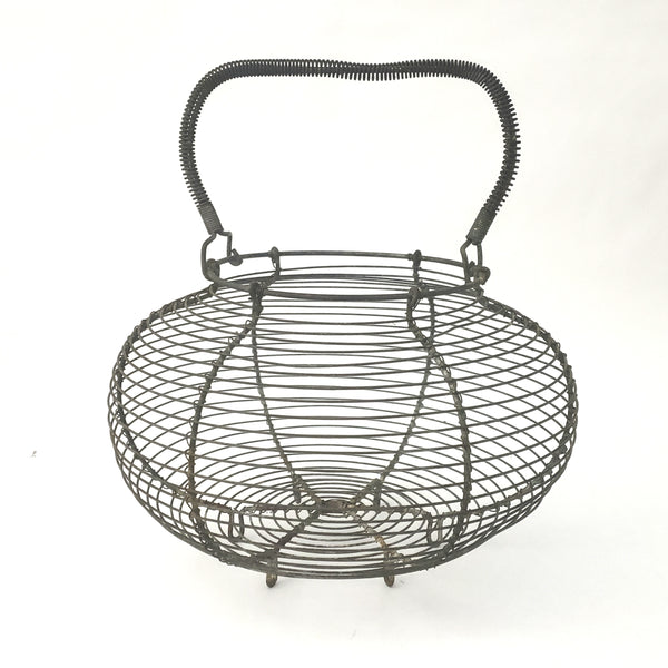 Antique Farmhouse Wire Egg Gathering Basket with Coiled Fixed Handle
