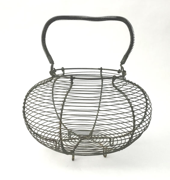 Antique Farmhouse Wire Egg Gathering Basket with Coiled Fixed Handle