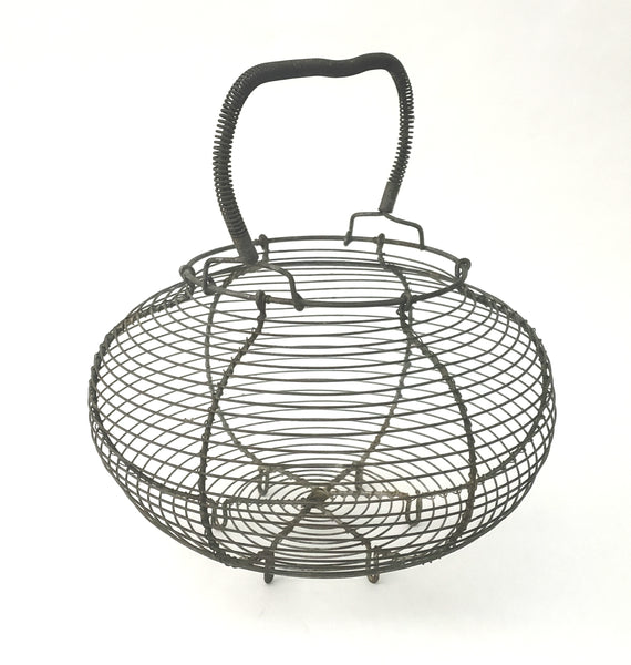 Antique Farmhouse Wire Egg Gathering Basket with Coiled Fixed Handle