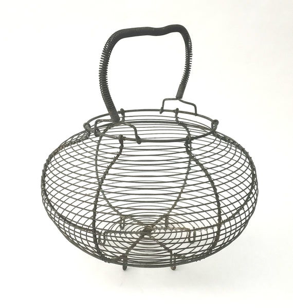 Antique Farmhouse Wire Egg Gathering Basket with Coiled Fixed Handle