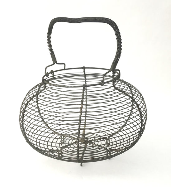Antique Farmhouse Wire Egg Gathering Basket with Coiled Fixed Handle
