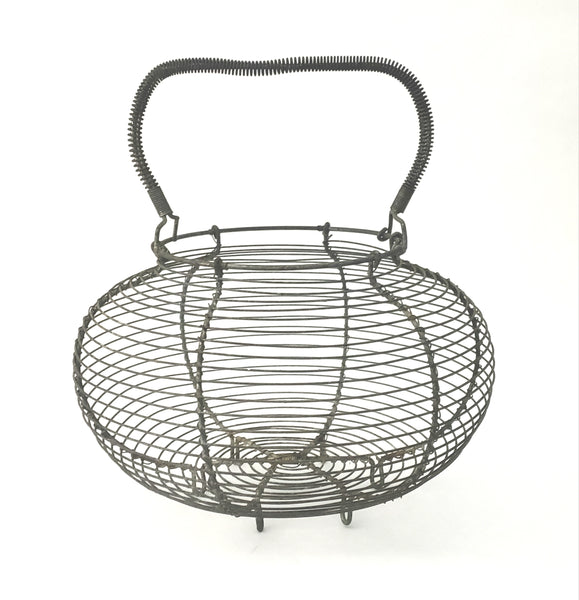 Antique Farmhouse Wire Egg Gathering Basket with Coiled Fixed Handle
