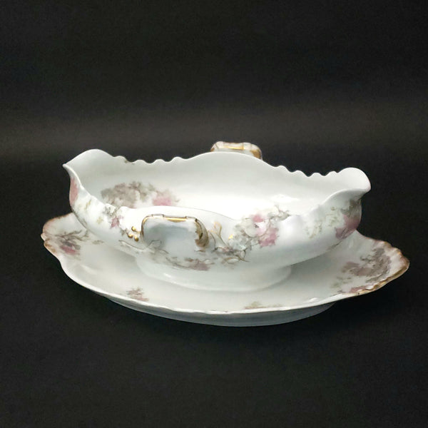 Antique Gravy Boat Attached Underplate Pink Roses Theodore Haviland Limoges France