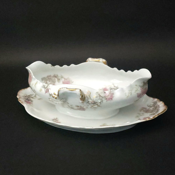 Antique Gravy Boat Attached Underplate Pink Roses Theodore Haviland Limoges France