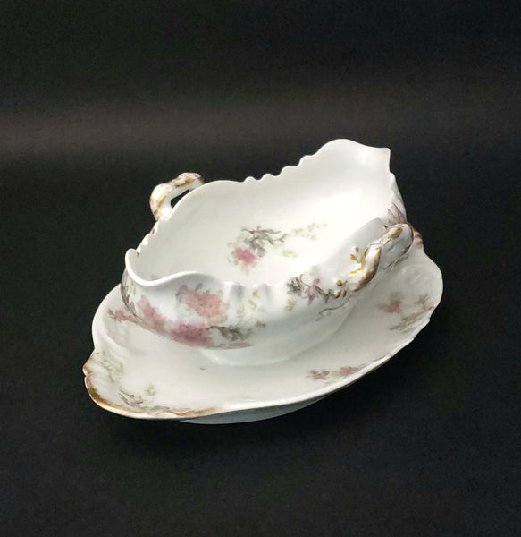 Antique Gravy Boat Attached Underplate Pink Roses Theodore Haviland Limoges France