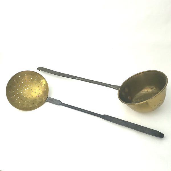 Antique Brass and Wrought Iron Ladle and Skimmer Early American Kitchen Tools