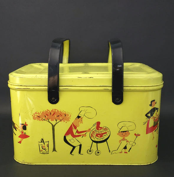 Vintage Yellow Metal Picnic Basket Black Handles Red & Black Litho Graphics