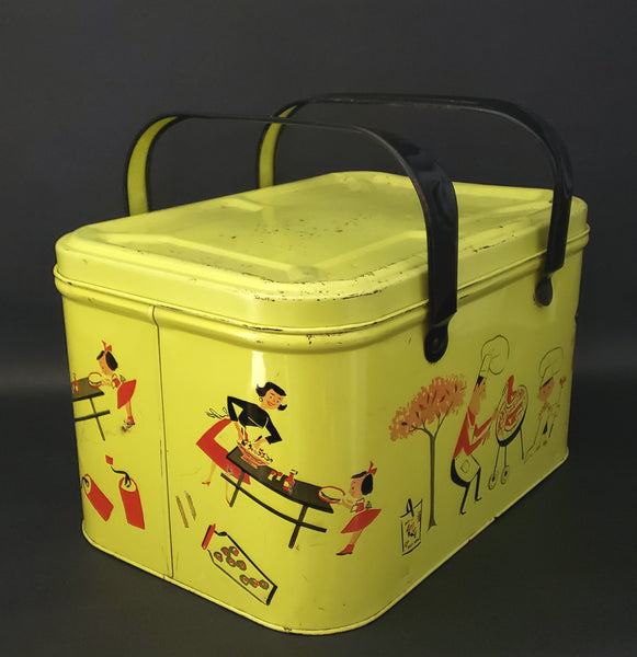 Vintage Yellow Metal Picnic Basket Black Handles Red & Black Litho Graphics