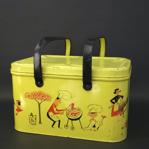 Vintage Yellow Metal Picnic Basket Black Handles Red & Black Litho Graphics