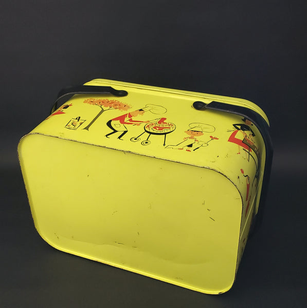 Vintage Yellow Metal Picnic Basket Black Handles Red & Black Litho Graphics