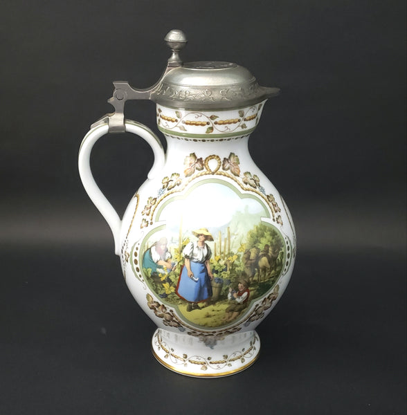 German Wine Stein "Weinlese" Porcelain & Pewter Franklin Mint by Ruper Schneider 1984