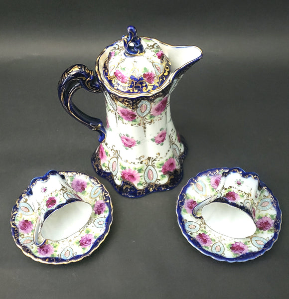 Antique Chocolate Pot Set for Two Highly Decorated & Hand-Painted Moriage Golt Gilt