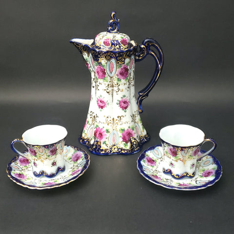 Antique Chocolate Pot Set for Two Highly Decorated & Hand-Painted Moriage Golt Gilt