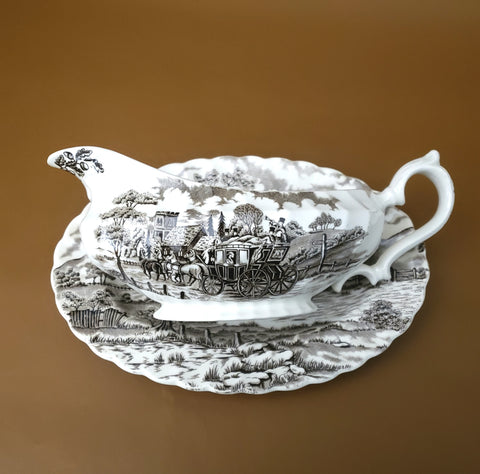 English Staffordshire Gravy Boat and Underplate Royal Mail Brown and Cream