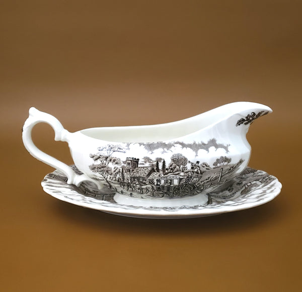 English Staffordshire Gravy Boat and Underplate Royal Mail Brown and Cream