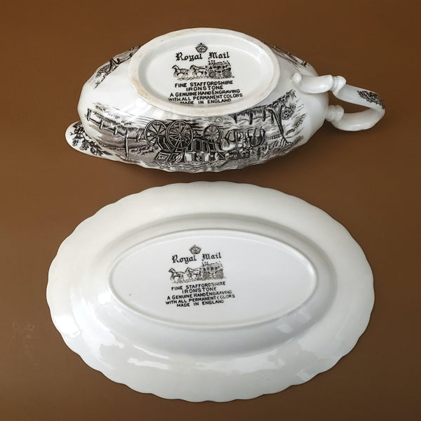 English Staffordshire Gravy Boat and Underplate Royal Mail Brown and Cream