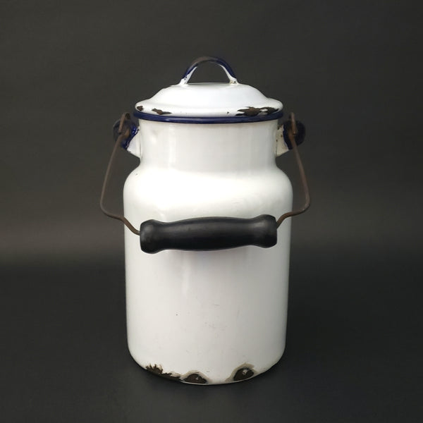 Antique Farmhouse White Enamelware Milk Pail Blue Trim and Wooden Grip Handle 2 Qt.