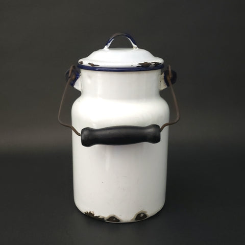 Antique Farmhouse White Enamelware Milk Pail Blue Trim and Wooden Grip Handle 2 Qt.