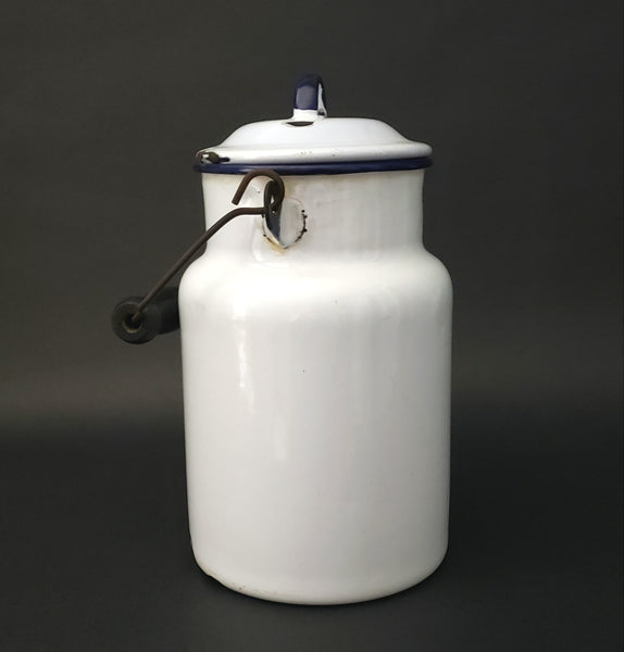 Antique Farmhouse White Enamelware Milk Pail Blue Trim and Wooden Grip Handle 2 Qt.