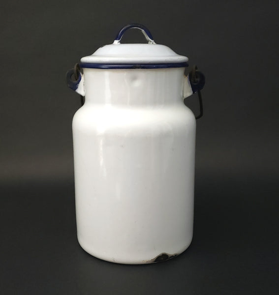 Antique Farmhouse White Enamelware Milk Pail Blue Trim and Wooden Grip Handle 2 Qt.