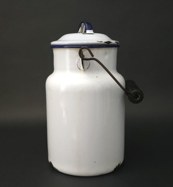 Antique Farmhouse White Enamelware Milk Pail Blue Trim and Wooden Grip Handle 2 Qt.