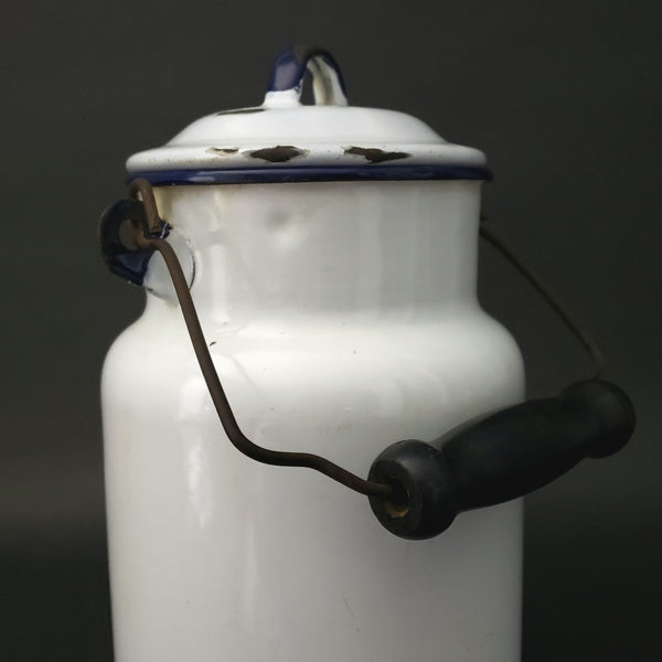 Antique Farmhouse White Enamelware Milk Pail Blue Trim and Wooden Grip Handle 2 Qt.