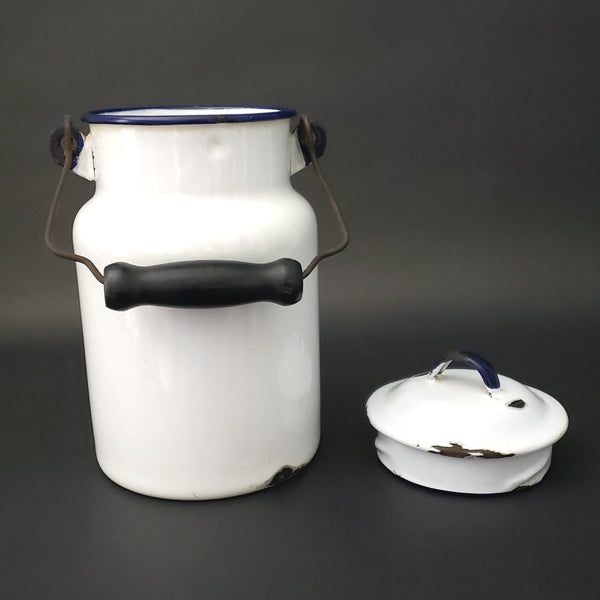 Antique Farmhouse White Enamelware Milk Pail Blue Trim and Wooden Grip Handle 2 Qt.