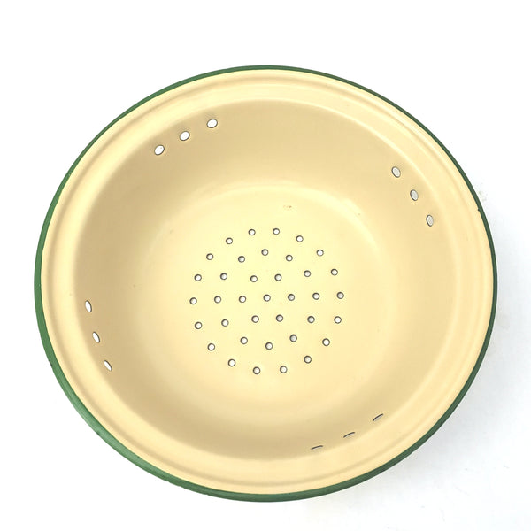 Vintage Cream with Green Trim Enamelware Round Colander Strainer