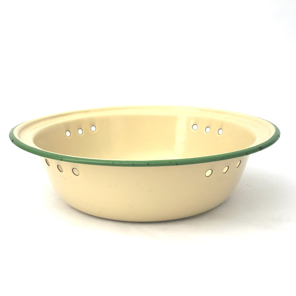 Vintage Cream with Green Trim Enamelware Round Colander Strainer