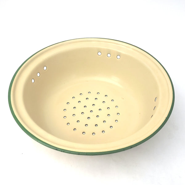 Vintage Cream with Green Trim Enamelware Round Colander Strainer