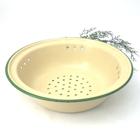 Vintage Cream with Green Trim Enamelware Round Colander Strainer