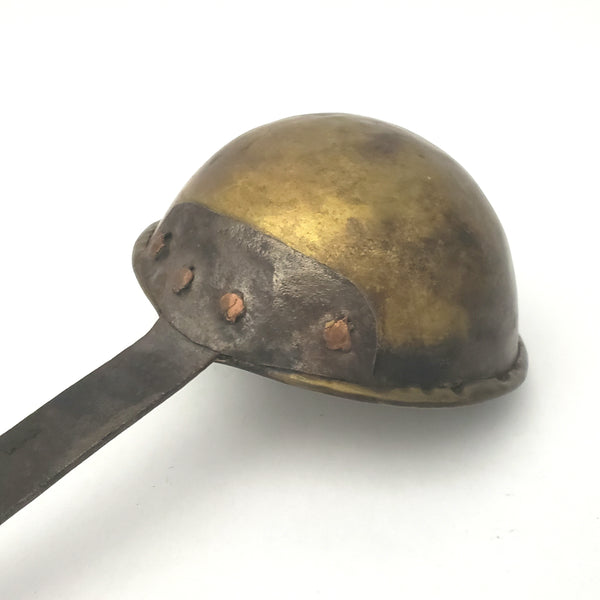 Unusual Antique Hand Forged Wrought Iron & Brass Ladle Dipper Rat Tail Hooked End