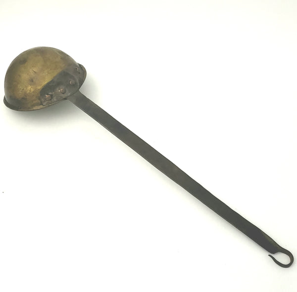 Unusual Antique Hand Forged Wrought Iron & Brass Ladle Dipper Rat Tail Hanger