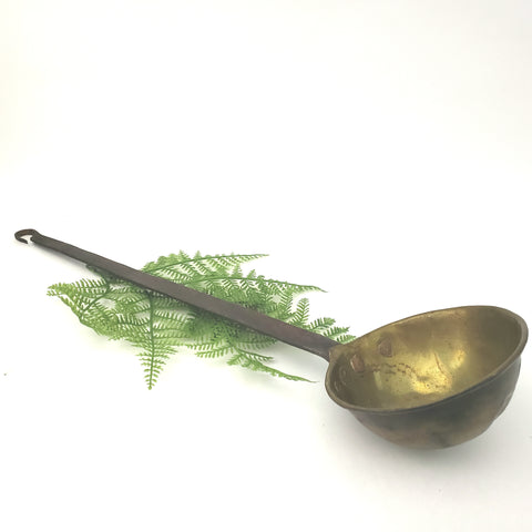 Unusual Antique Hand Forged Wrought Iron & Brass Ladle Dipper Rat Tail Hooked End