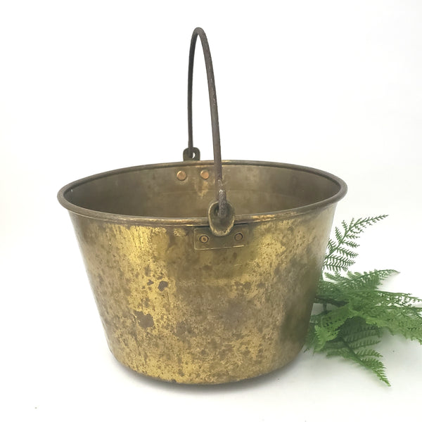 Vintage Old Brass Pail Bucket With Forged Iron Handle
