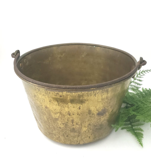 Vintage Old Brass Pail Bucket With Forged Iron Handle