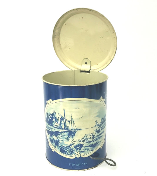 Vintage Litho Tin Toy "Step On Can"  Blue White Dutch Scene by Wolverine Supply