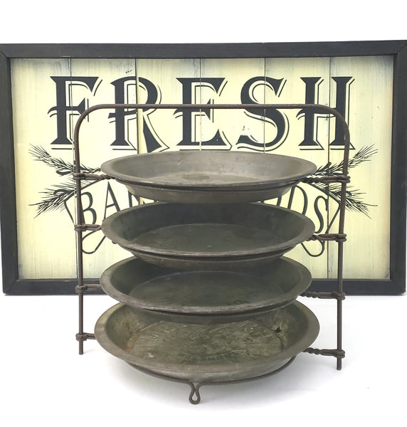 Vintage Metal Pie Rack Stand 4 Tier With 4 Advertising Pie Plates