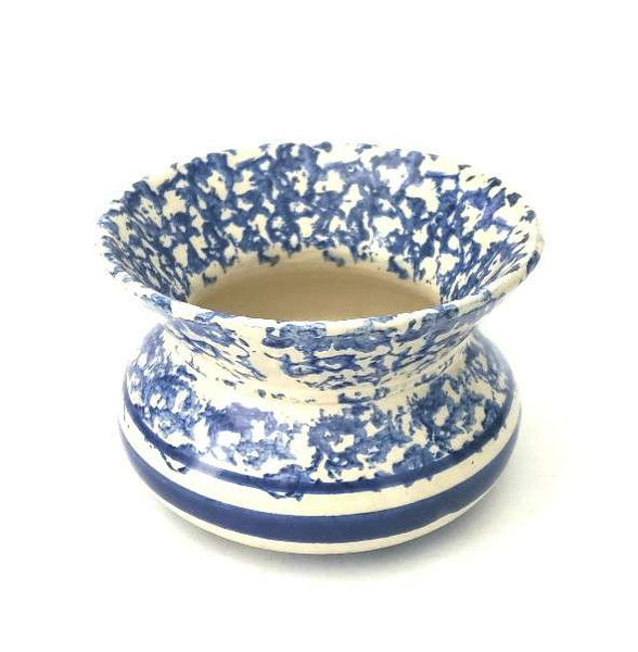 Antique Blue and White Sponged Decorated Salt Glazed Stoneware Spittoon Cuspidor