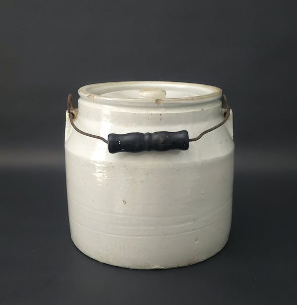 Antique Stoneware Jar Crock with Lid Bail Handle Black Wood Grip