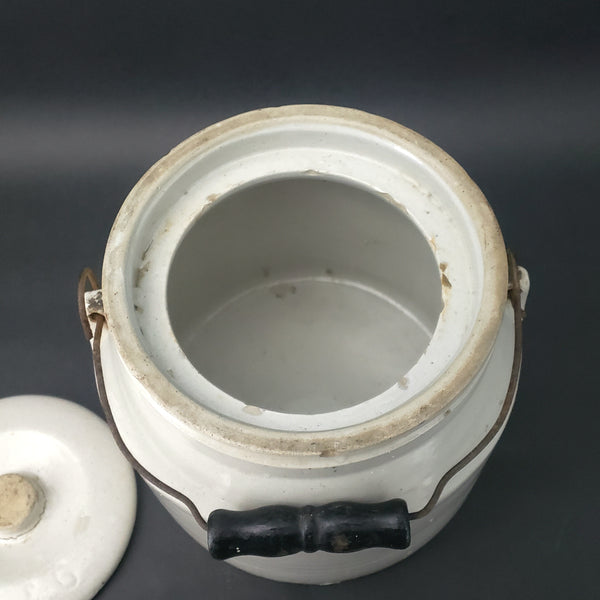 Antique Stoneware Jar Crock with Lid Bail Handle Black Wood Grip